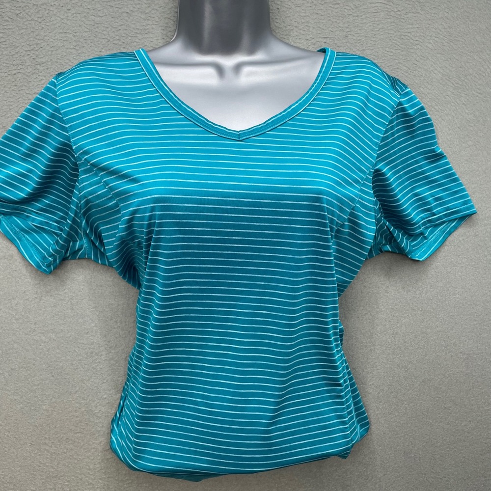 Duluth Trading Co Women T-Shirt Blue Striped Large Armachillo Cooling V-Neck